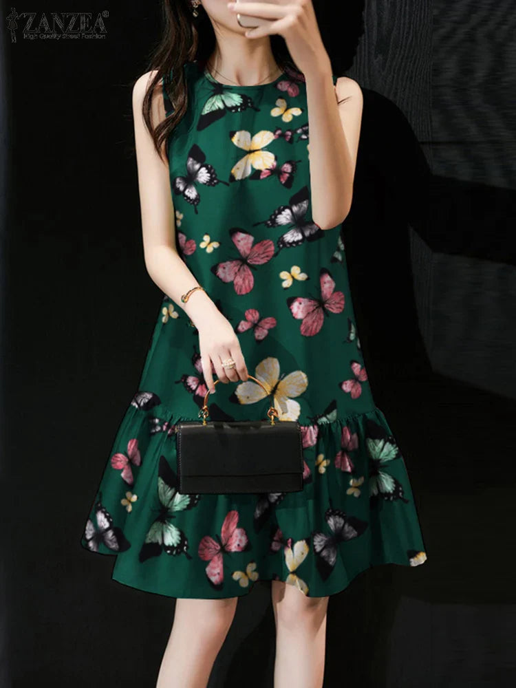 Floral Print Knee Length Sundress Boho Beach Party Dress