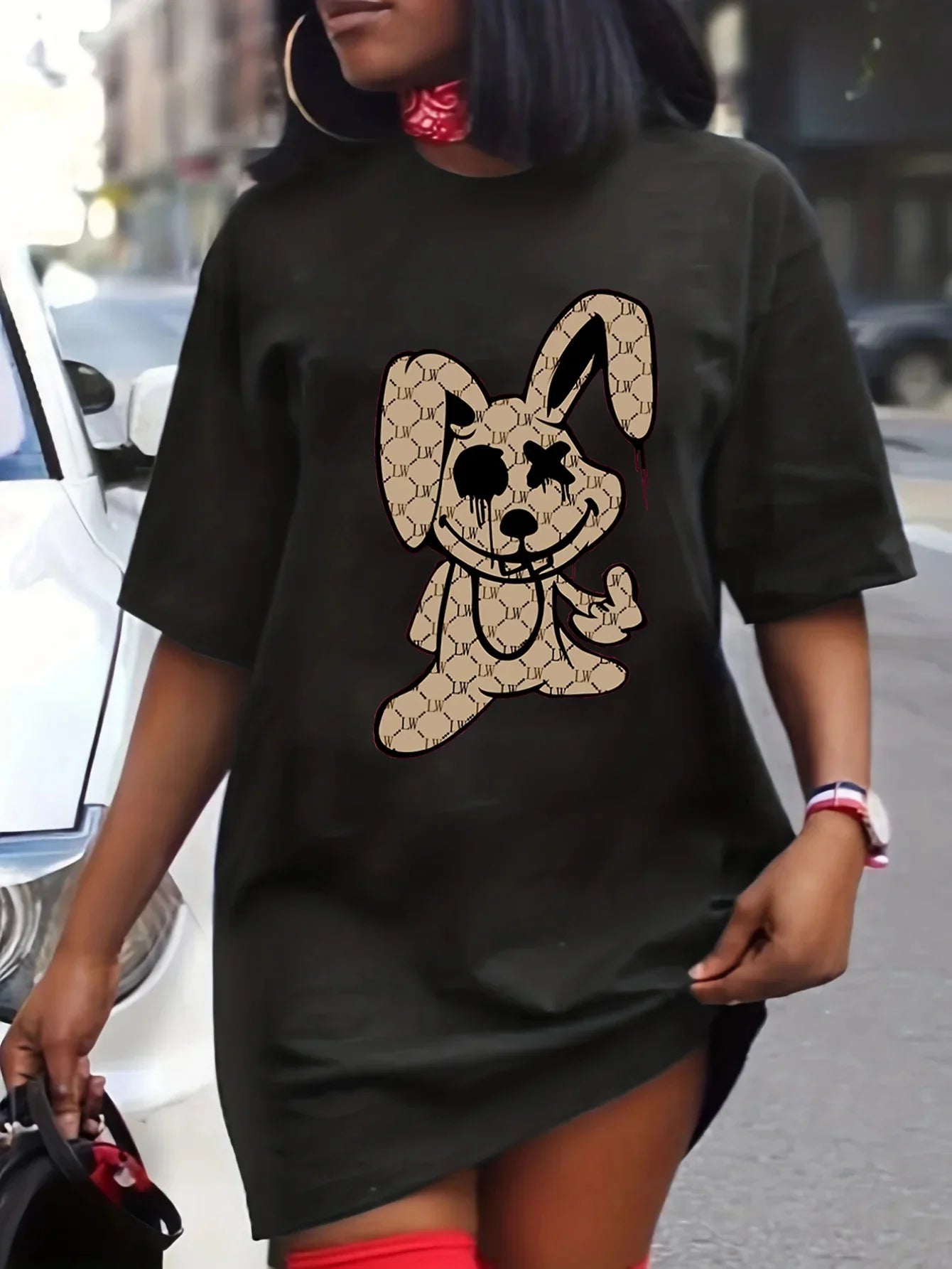 Oversized Rabbit Print Round Neck T Shirt Dress For Women