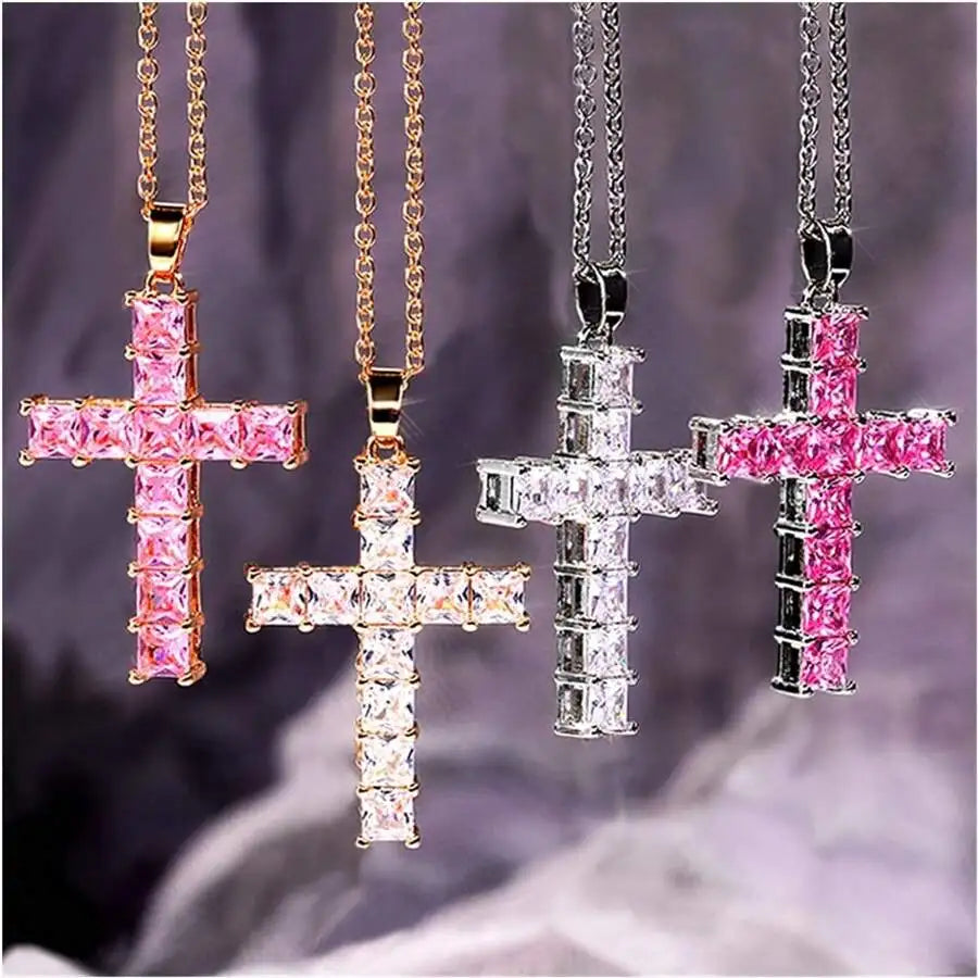 Gold Multi Color Crystal Cross Pendant Necklace for Women - Fashionable Statement Jewelry for Parties and Leisure