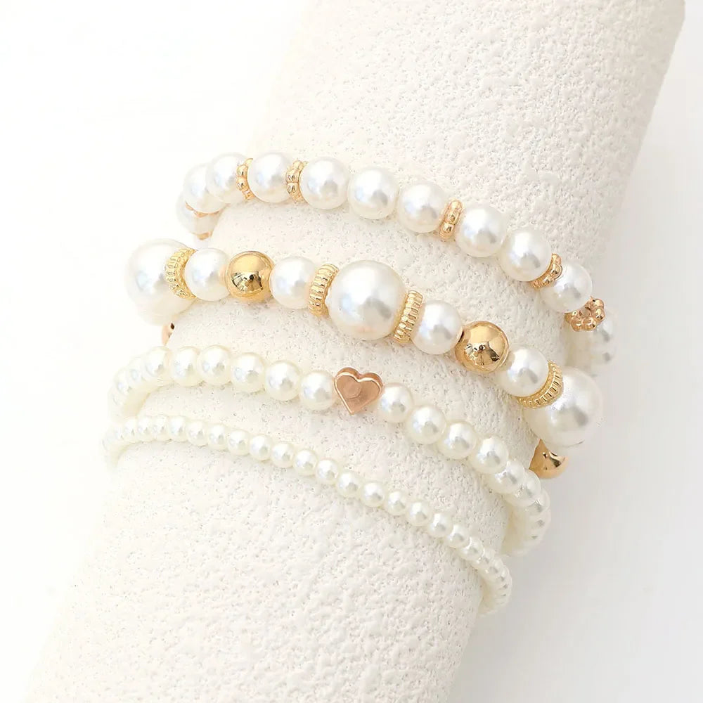 4pcs Set Elegant Handmade White Faux Pearl Beaded Heart Bracelets for Fashion Accessories and Gifts