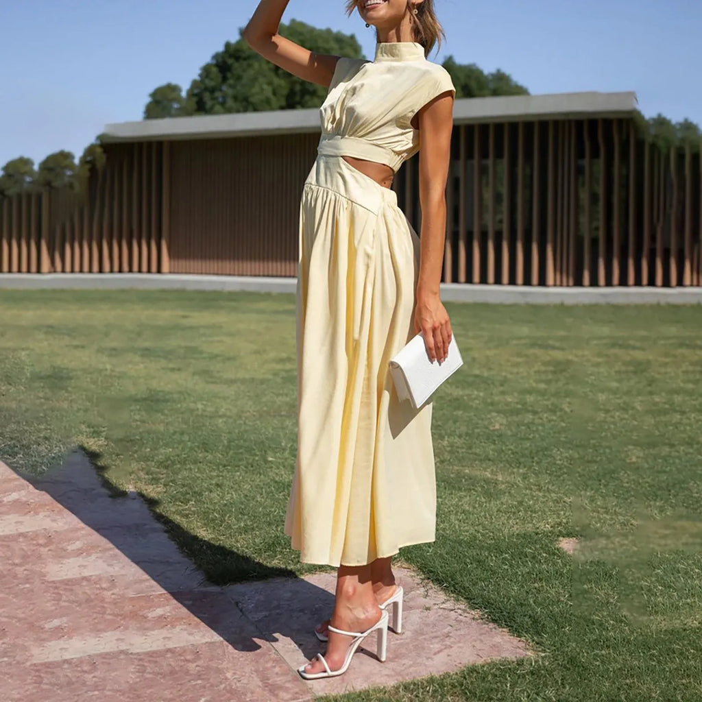 Solid Color High Waist Maxi Dress Sleeveless With Pockets