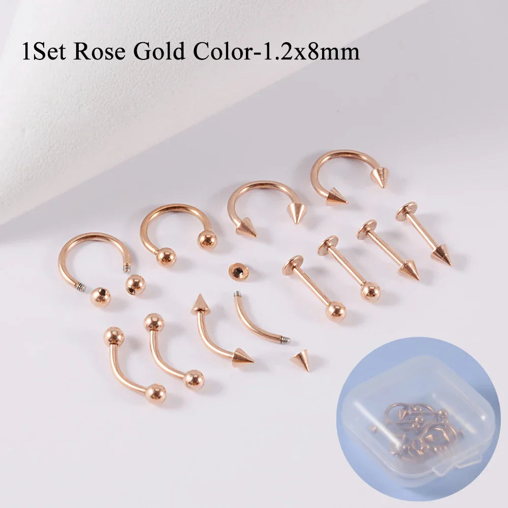 12 Piece Surgical Steel Piercing Jewelry Set with Gold Plated Black Rainbow Ear Nose and Eyebrow Labret 8mm