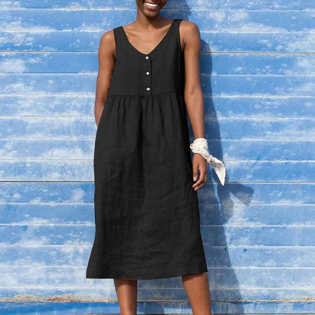Boho Cotton Linen Sleeveless Dress For Women Summer Holiday