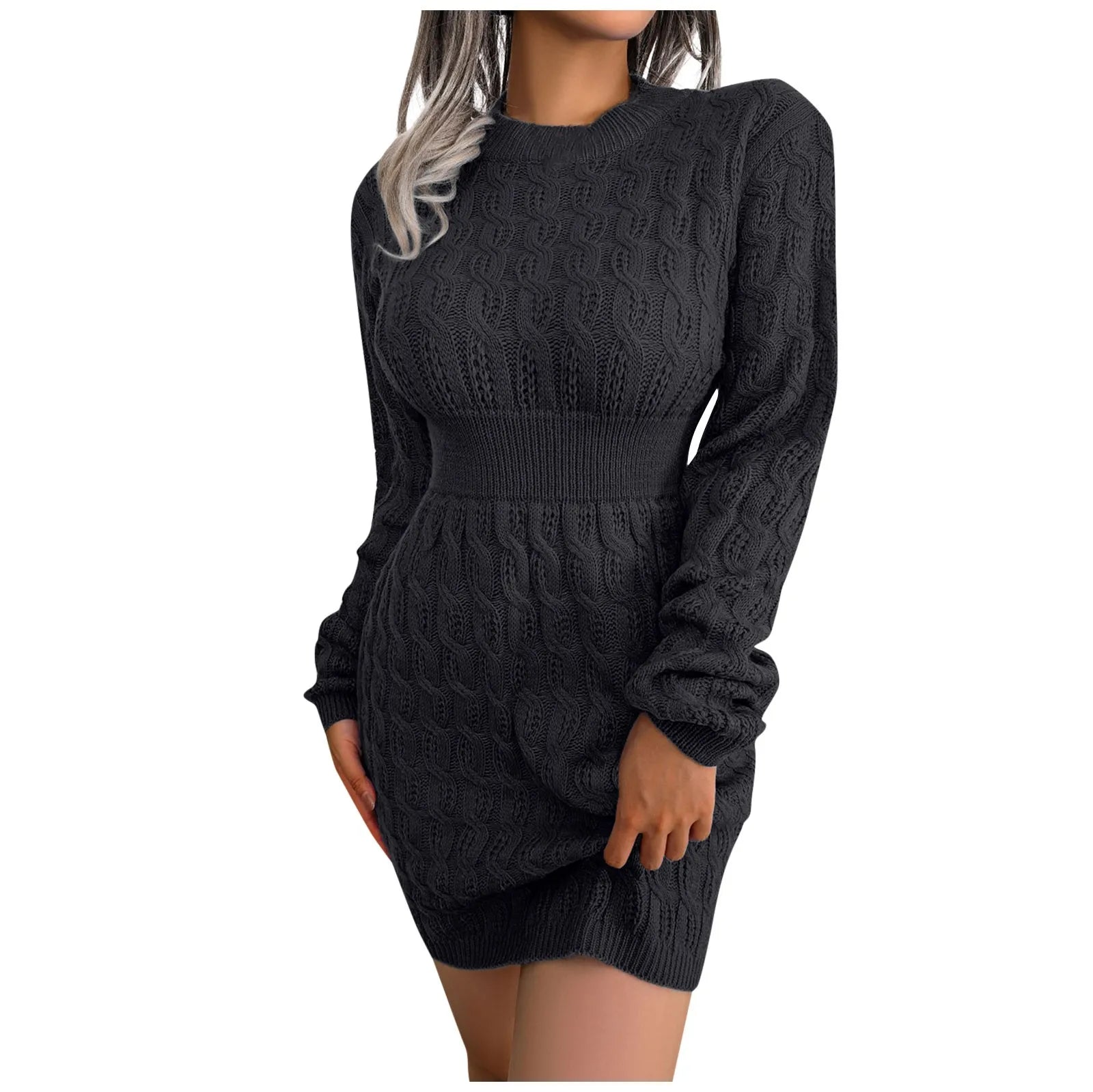 Autumn Winter Womens Round Neck High Waist Sweater Dress