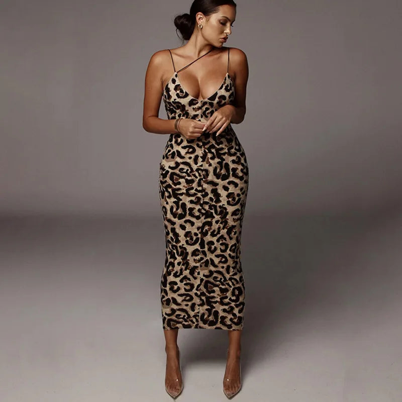 Leopard Print Sleeveless High Waist Party Dress Women