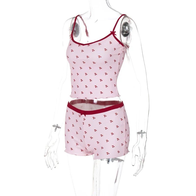 Cherry Print Two-Piece Matching Set with Slim Crop Camisole Top and Bow-Accent Shorts Summer Casual Festival and Workout Outfit for Women