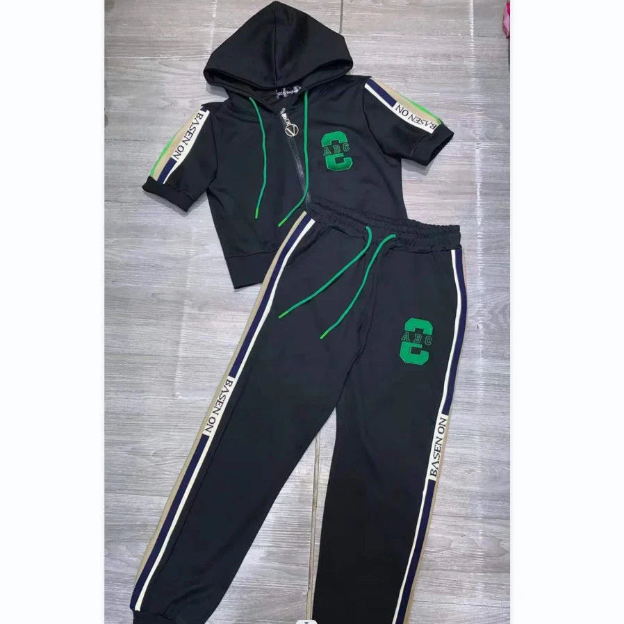 Women's Casual Loose Fit Tracksuit Set with Short Sleeve Hooded Top and High Waist Pants
