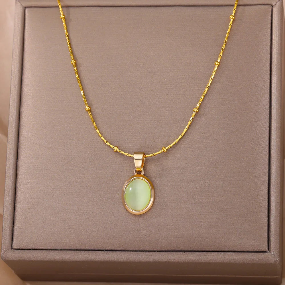 Gold Color Opal Oval Necklace for Women Stainless Steel Pendant Jewelry Gift