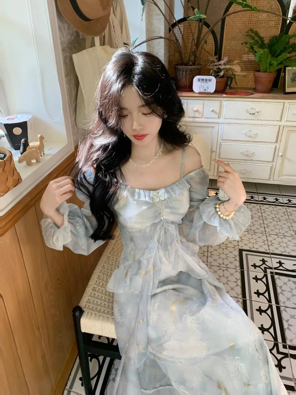 Off Shoulder Dress Ruffle A Line Long French Print