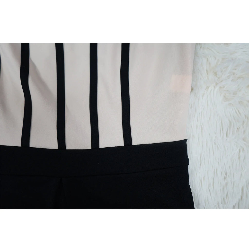 Women Long Sleeve Patchwork Romper Jumpsuit with Waist Cincher Wide-Leg Pants Elegant Office and Party Playsuit