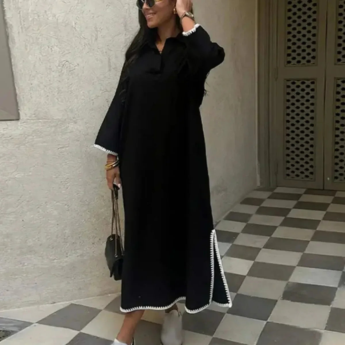 Green Embroidery Shirt Dress With Cuffed Sleeves Split Hem