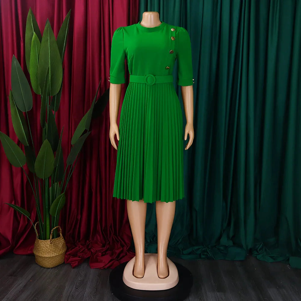 Elegant Pleated Dress for Women Formal Half Sleeve Belted