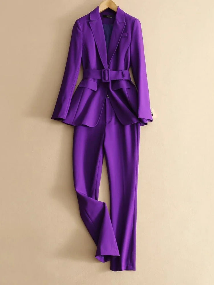 Two Piece Purple Formal Suit for Women with Belted Blazer and Straight Pants Set Perfect for Office and Business Attire