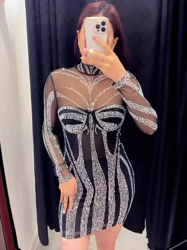 Rhinestone Crystal Birthday Dress Mesh Patchwork Bodycon