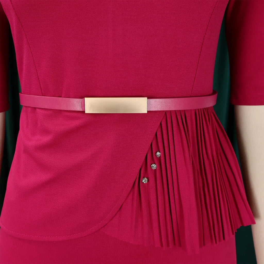 Women Square Neck Bodycon Midi Dress Belted For Work