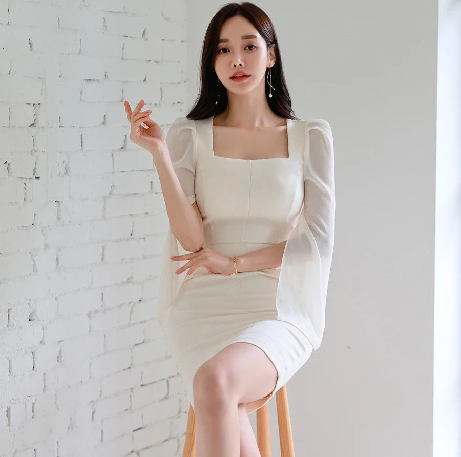 Korean White Sheath Dress With Flare Sleeves For Work