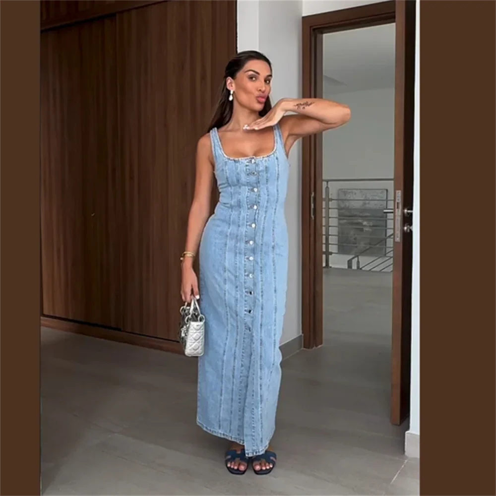 Belted Denim Midi Dress For Women With Cinched Waist