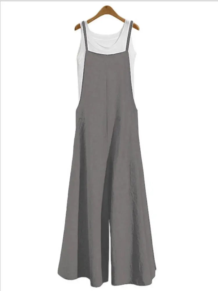 Women's Summer Sleeveless Wide Leg Jumpsuit Solid Color Cotton Linen Bib Overalls Casual Loose Fit Ankle-Length Straps Dungaree