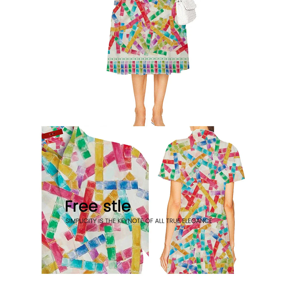 Summer Printed Shirt Dress For Women With Lapel Half Sleeve