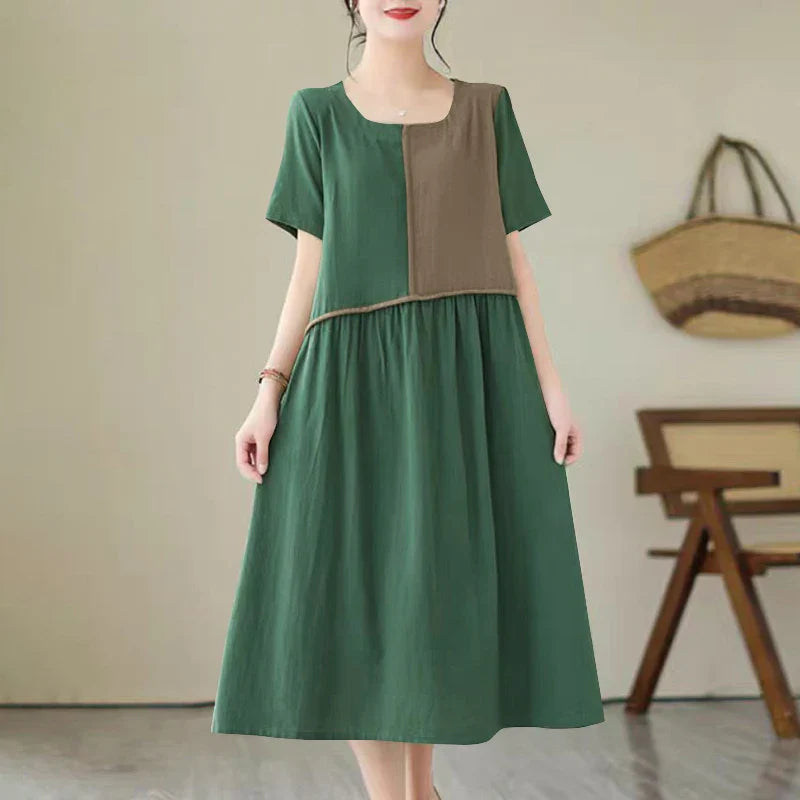 Women Patchwork Pleated Midi Dress Casual Aline Retro