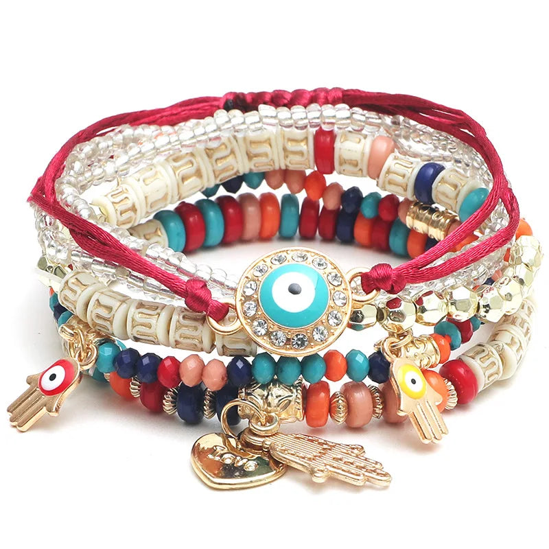 6 Pieces Bohemian Evil Eye Bracelet Set with Fatima Hand Heart Charm Beaded Rope Chain Bangles for Women
