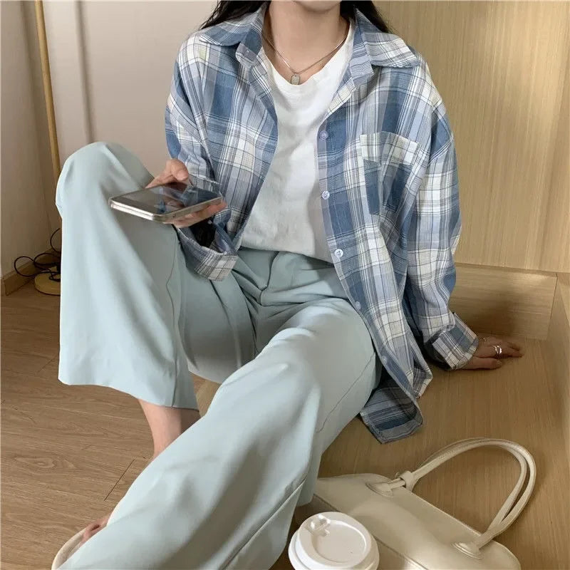 Casual Long Sleeve Plaid Blouse Mid Length Loose Fit Turn Down Collar Shirt for Women Autumn Winter Fashion Top