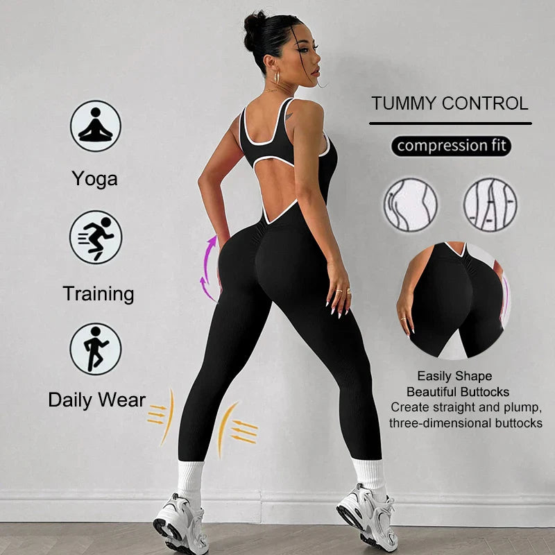 Seamless Women's Yoga Jumpsuit with Deep V Back Sleeveless Design High Stretch Lightweight Sportswear for Gym and Casual Wear