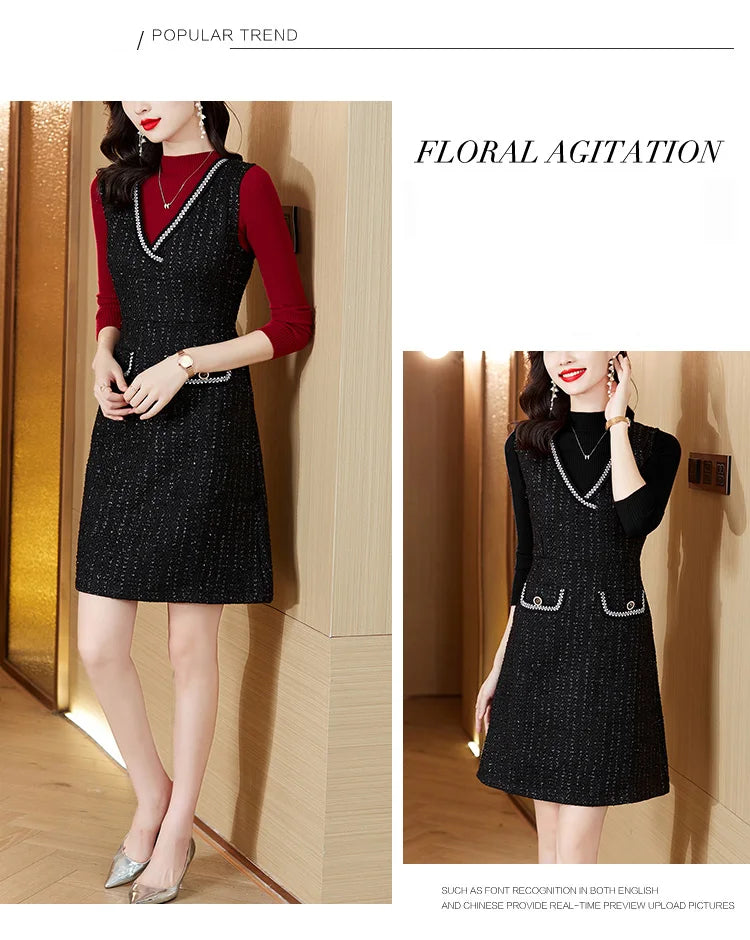 Women Tweed Sweater Vest Dress Two Piece Set For Office