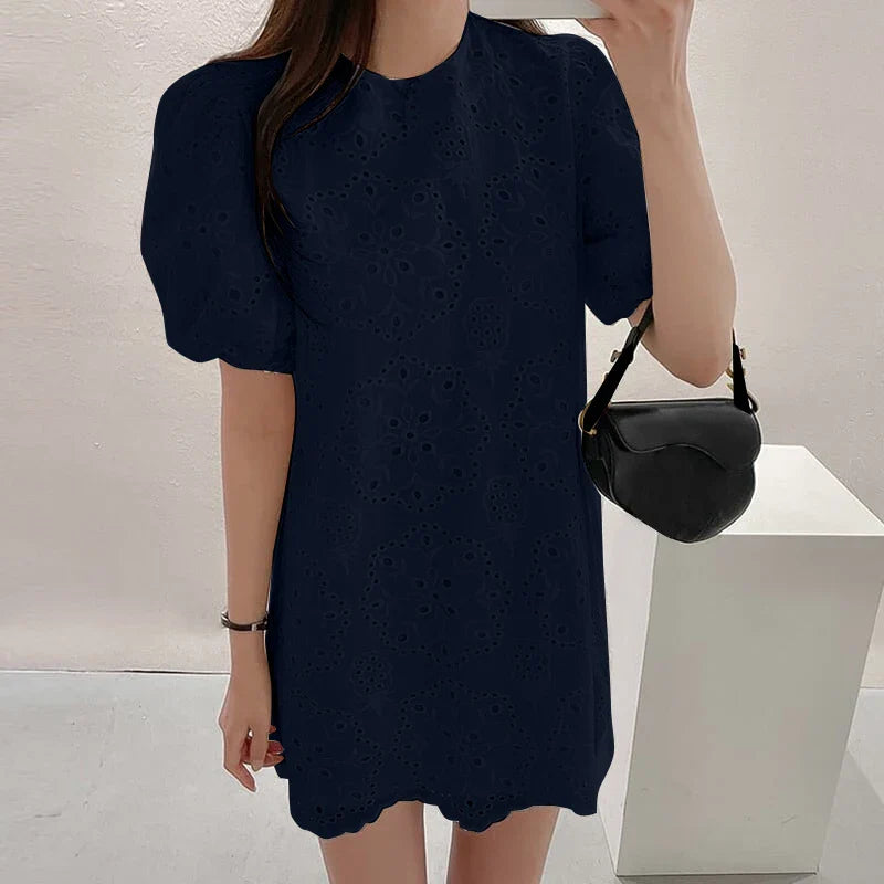 Cotton Sundress With Puff Sleeve Mini For Women Round Neck