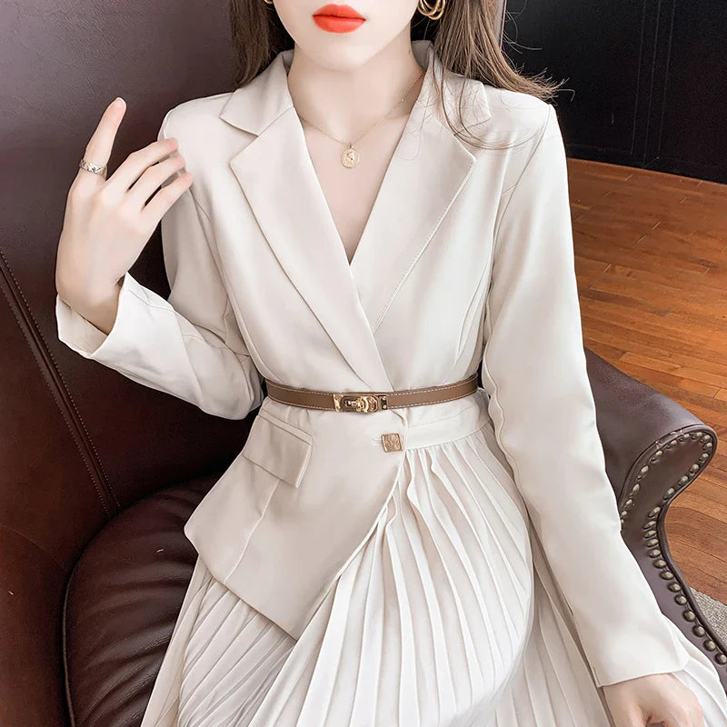 Faux Two Piece Dress With Blazer Collar Pleated Skirt