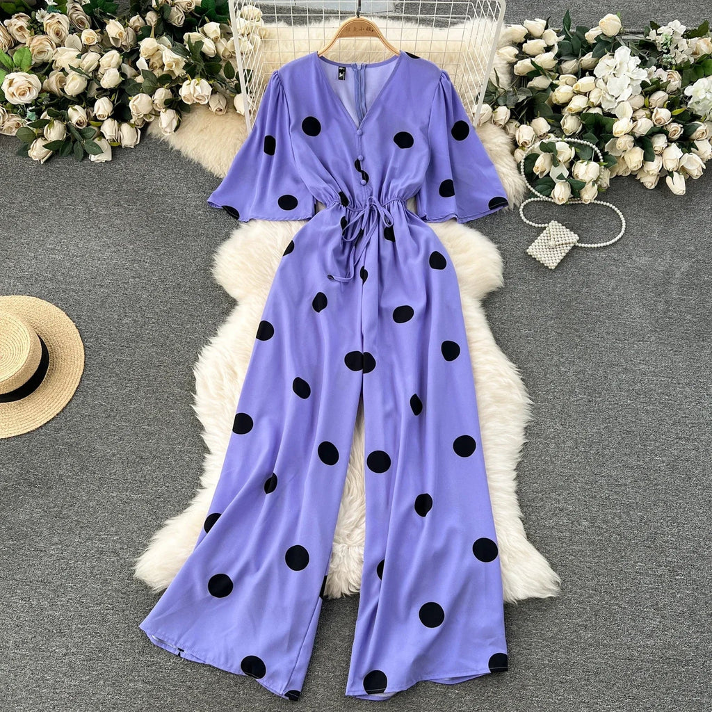 Women Wide Leg Polka Dot Jumpsuit with V Neck Dolman Sleeves and Slim Waist Design