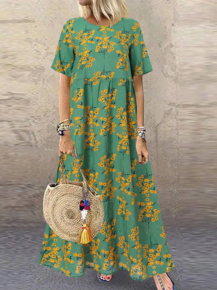 Bohemian Floral Sundress O Neck Short Sleeve Midi Dress