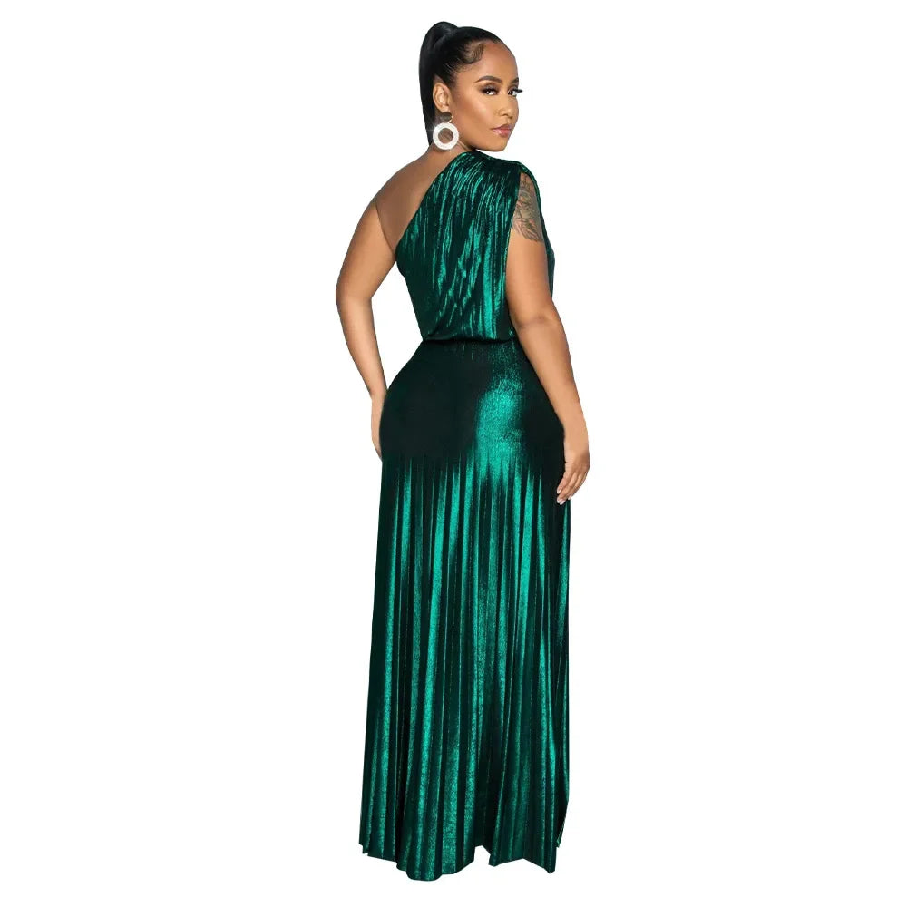 One Shoulder Metallic Pleated Maxi Dress Evening Gown