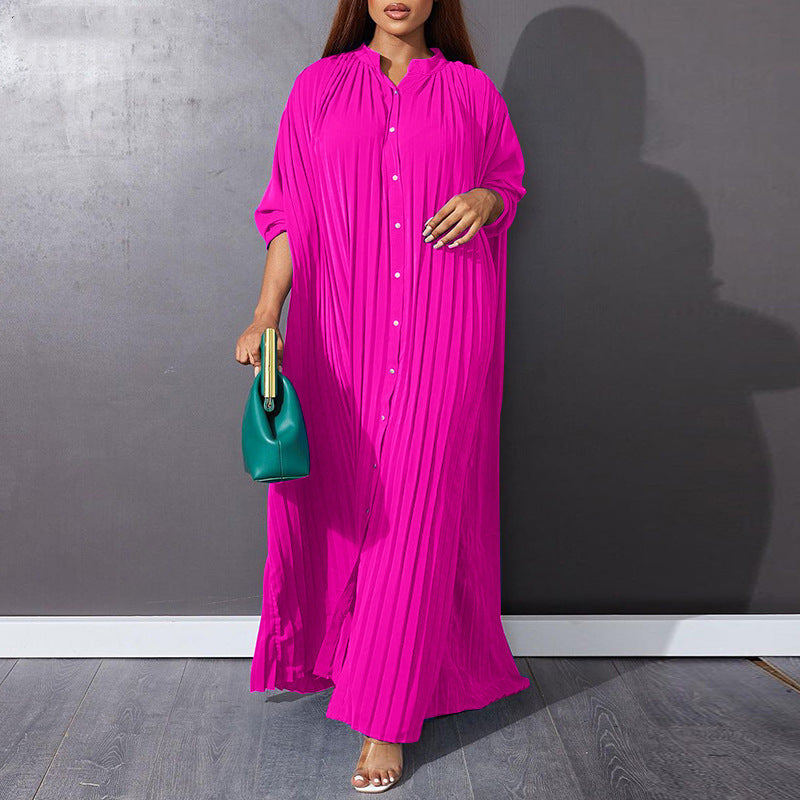 Plus Size Pleated Long Sleeve Dress For Autumn And Winter