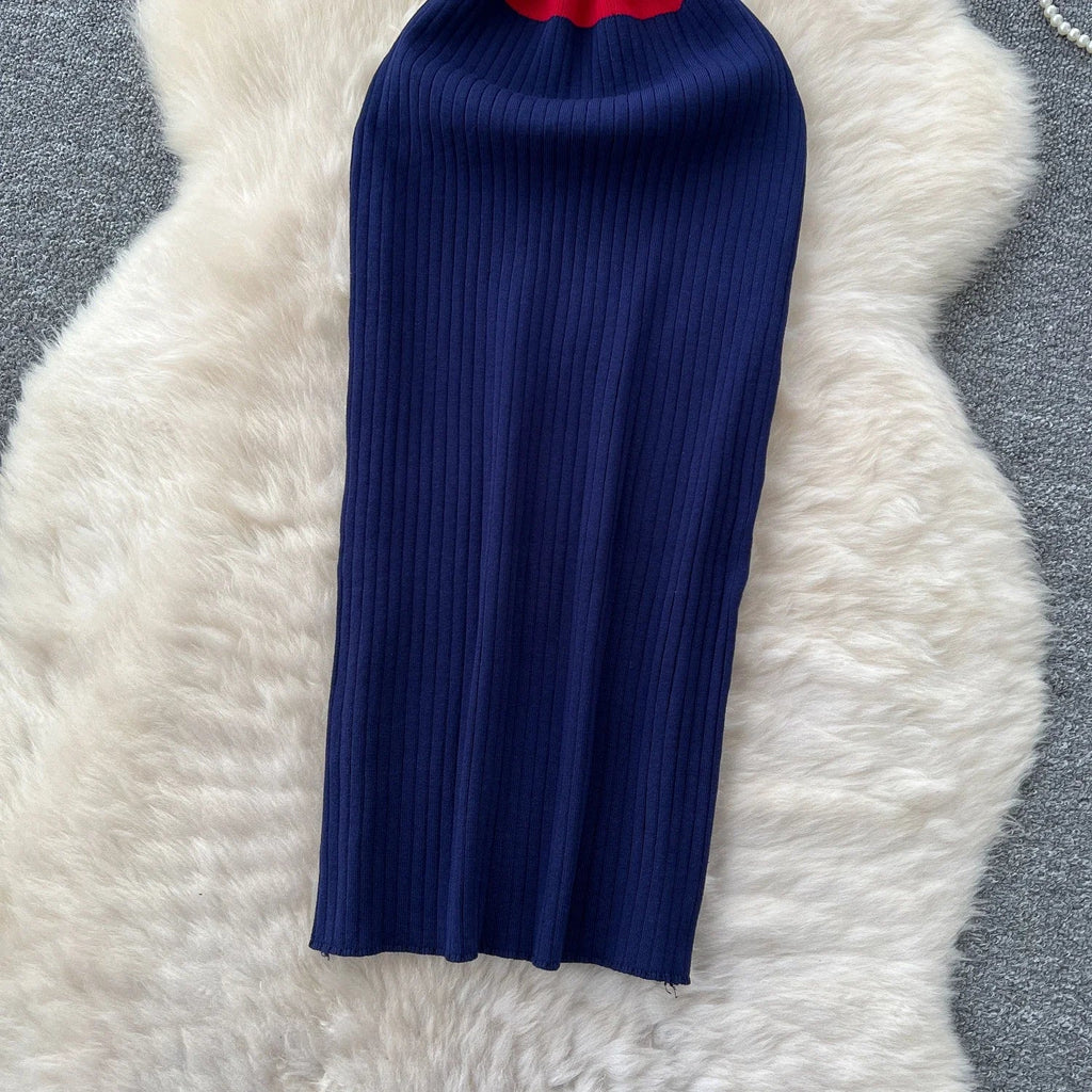 Patchwork Knitted Polo Collar Dress For Women Spring Summer