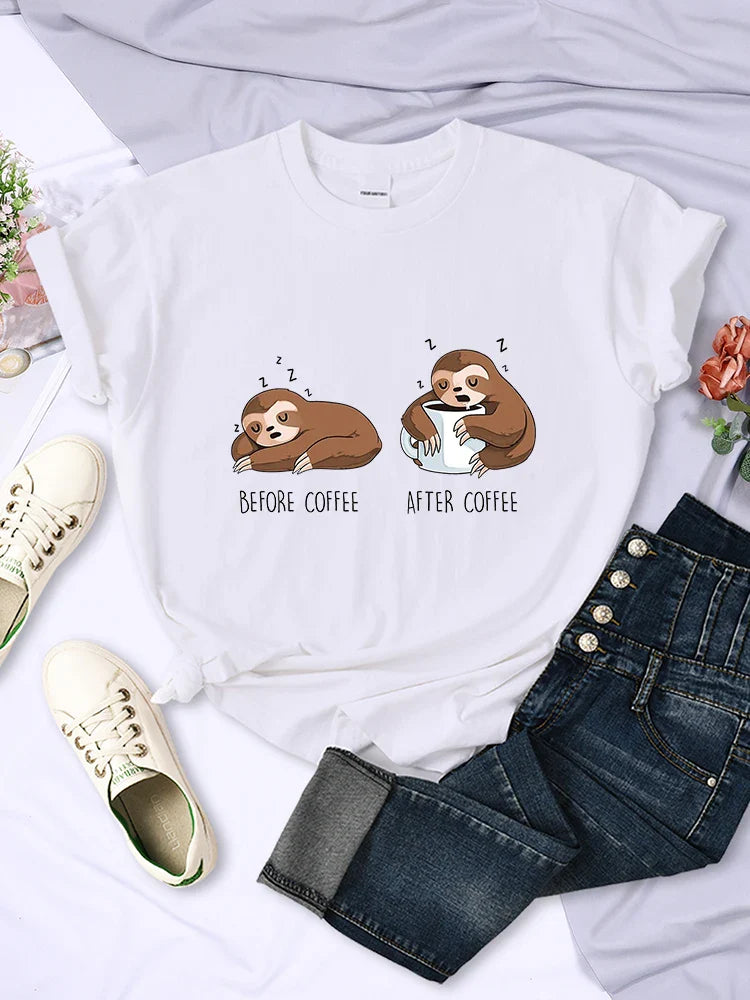 Before Coffee After Coffee Kawaii Sloth T Shirt for Women Casual Fashion Short Sleeve Breathable Tee