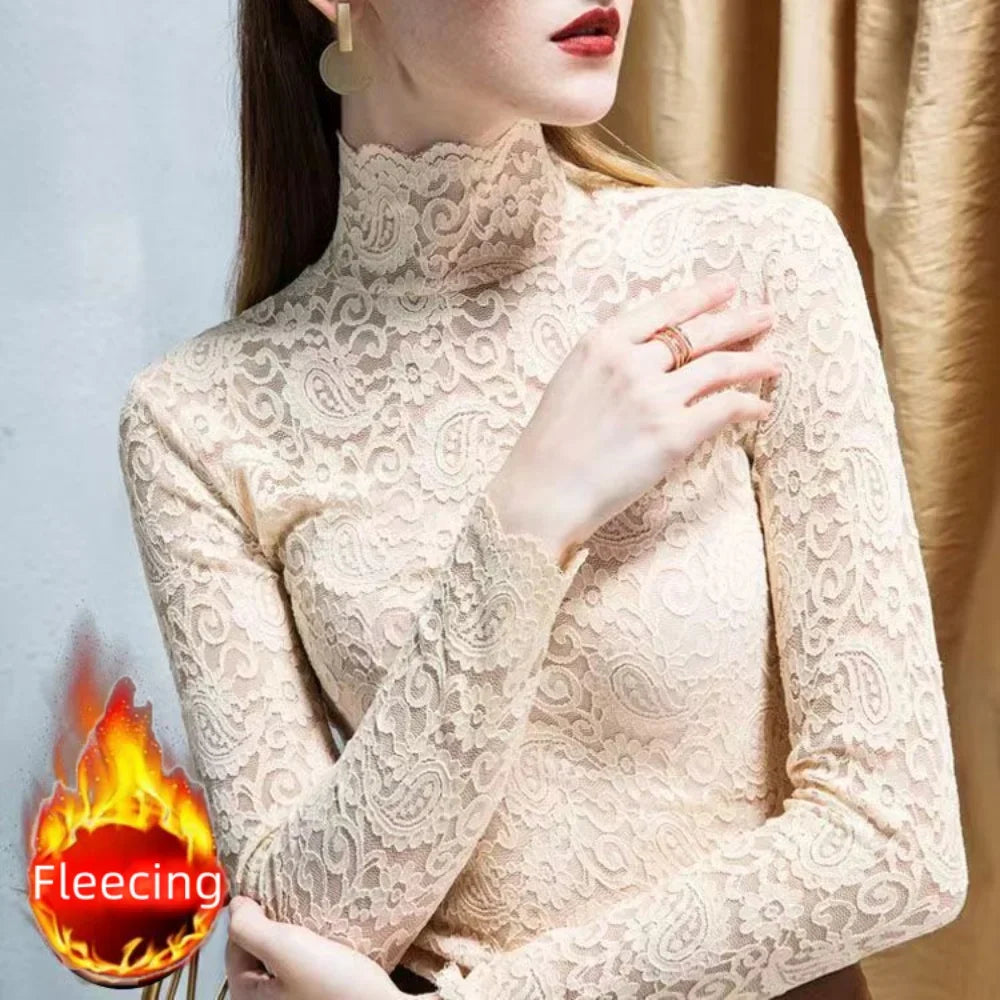 Thick and Thin Fleece Women's Long Sleeve High Neck Lace T-Shirt for Office and Casual Wear
