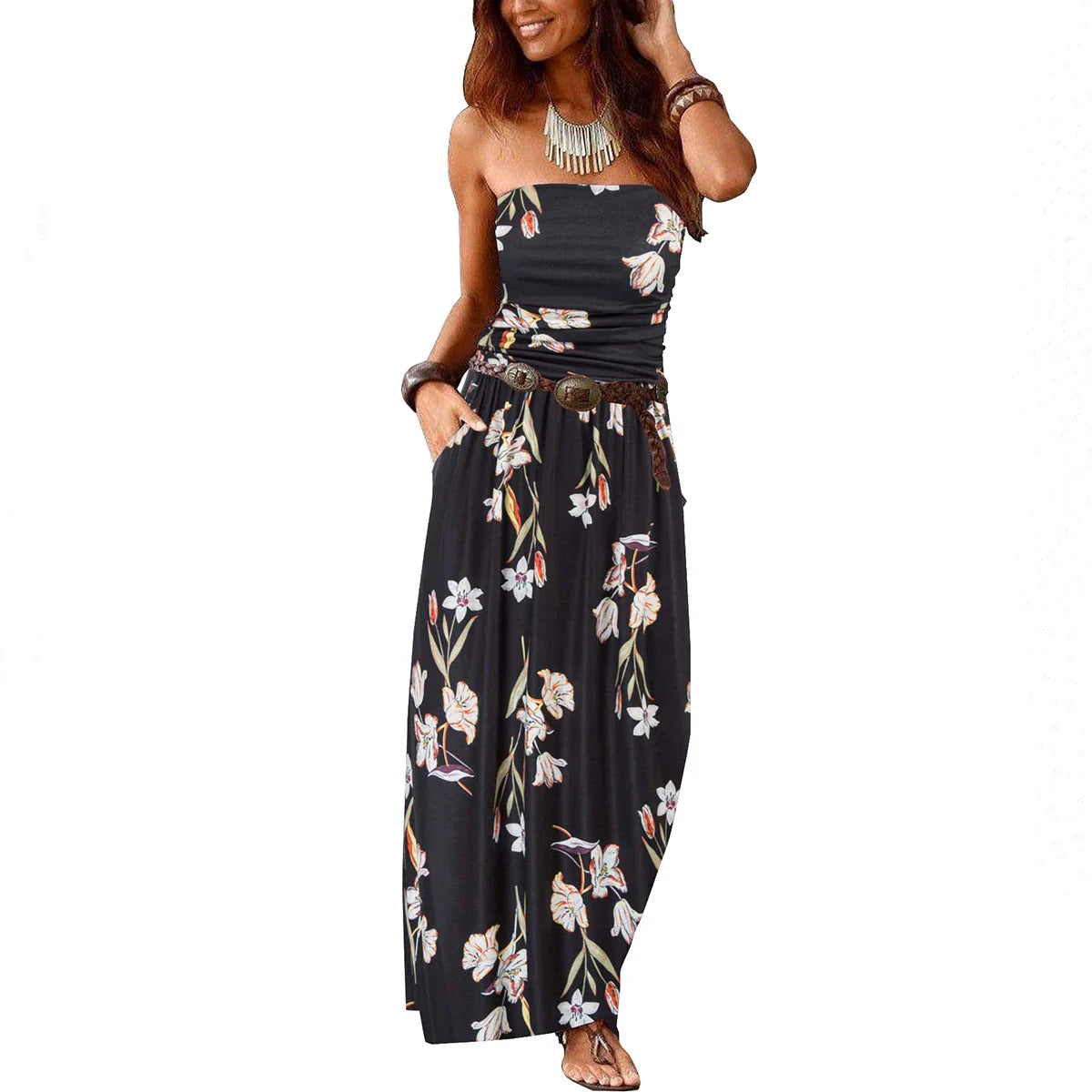 Strapless Maxi Dress With Pockets Pleated Off Shoulder