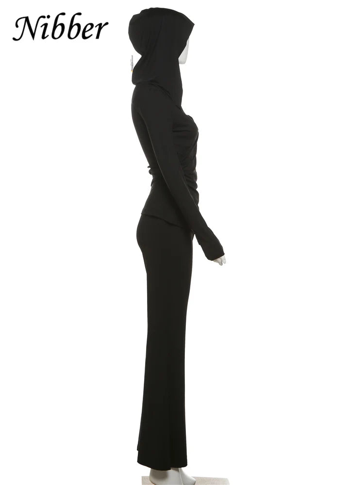 Elegant Nibber Pleats Two Piece Set for Women Hooded Low Neck Long Sleeve Top with Solid Flared Pants Casual Matching Trendy Outfit