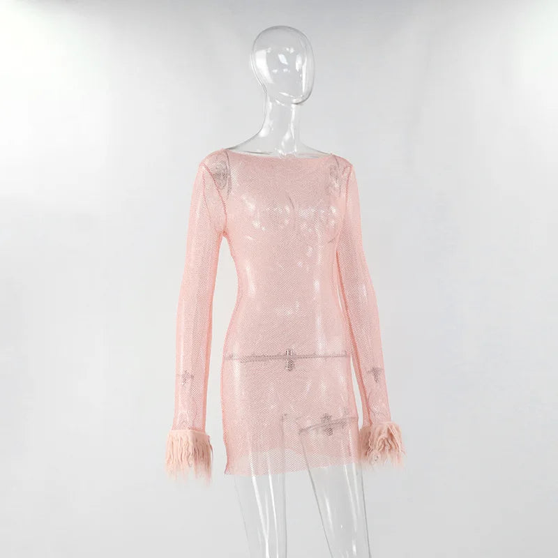 Black Mesh See Through Mini Dress Women Bodycon Clubwear