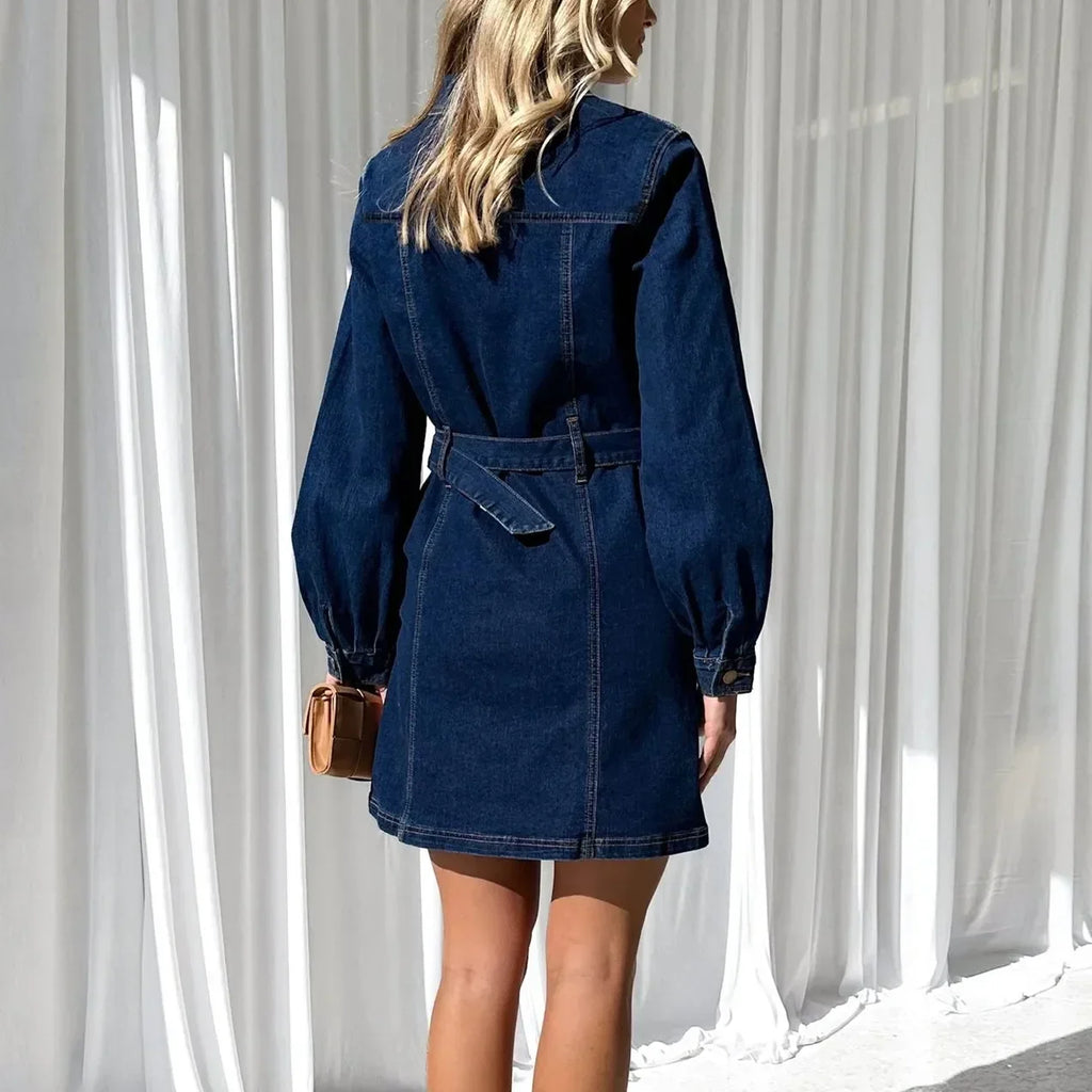 Patchwork Denim Dress With Double Pockets High Waist