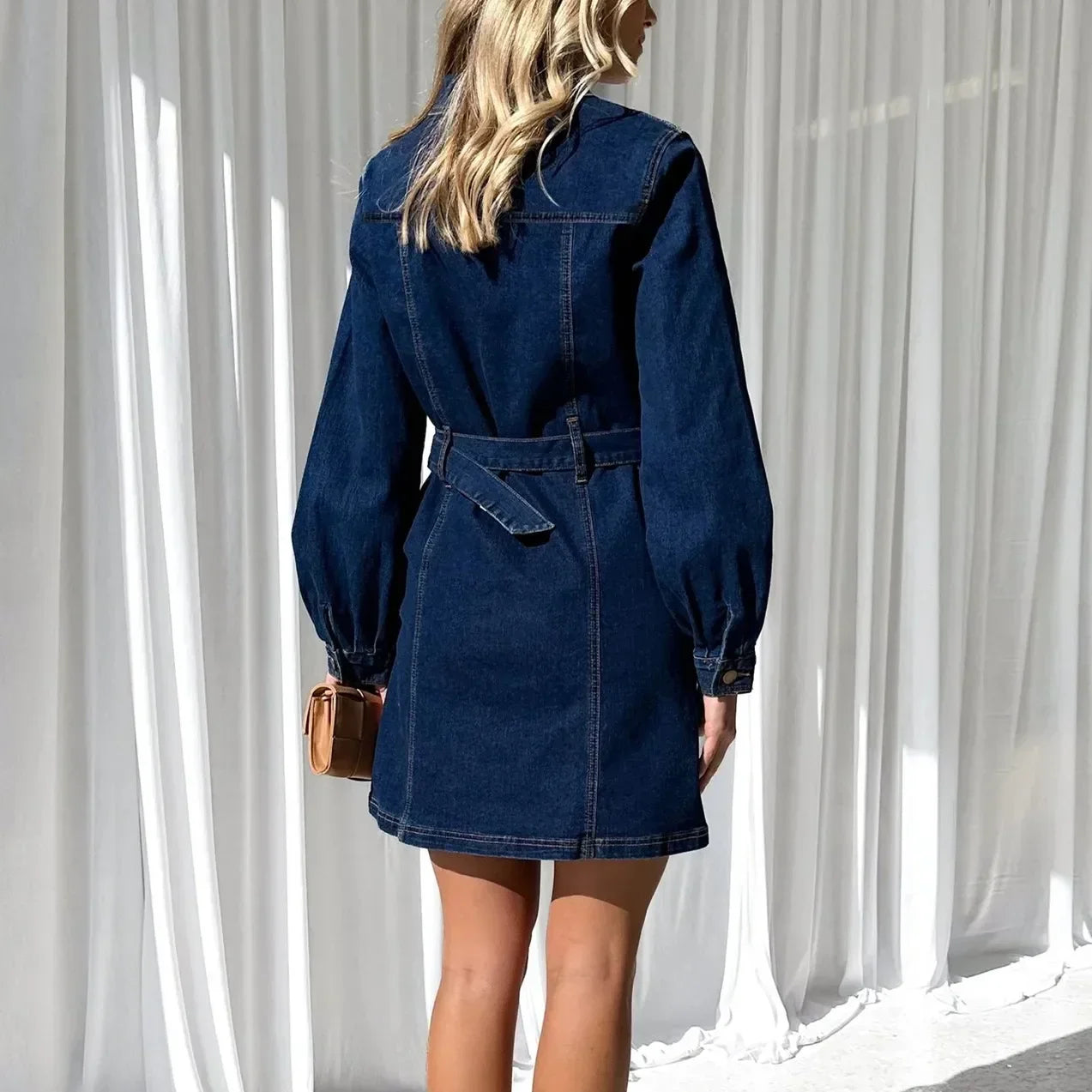 Patchwork Denim Dress With Double Pockets High Waist