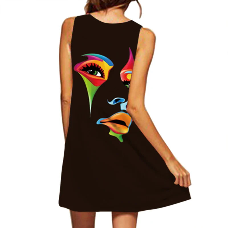 V Neck Sleeveless Printed Dress For Women Medium Length