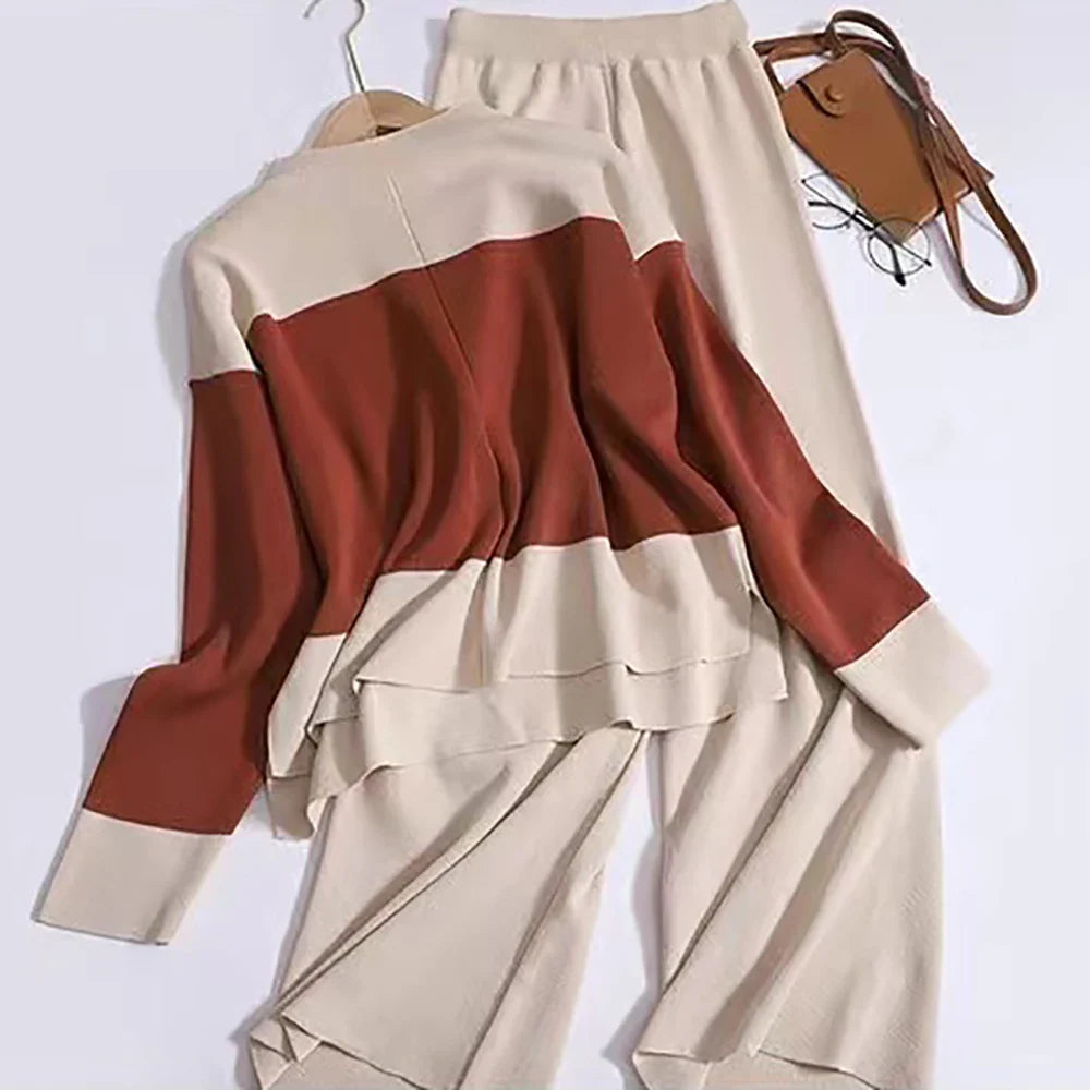 Women's Casual Sweater Set with Long Sleeve Tops and Color Block Design for Autumn and Winter