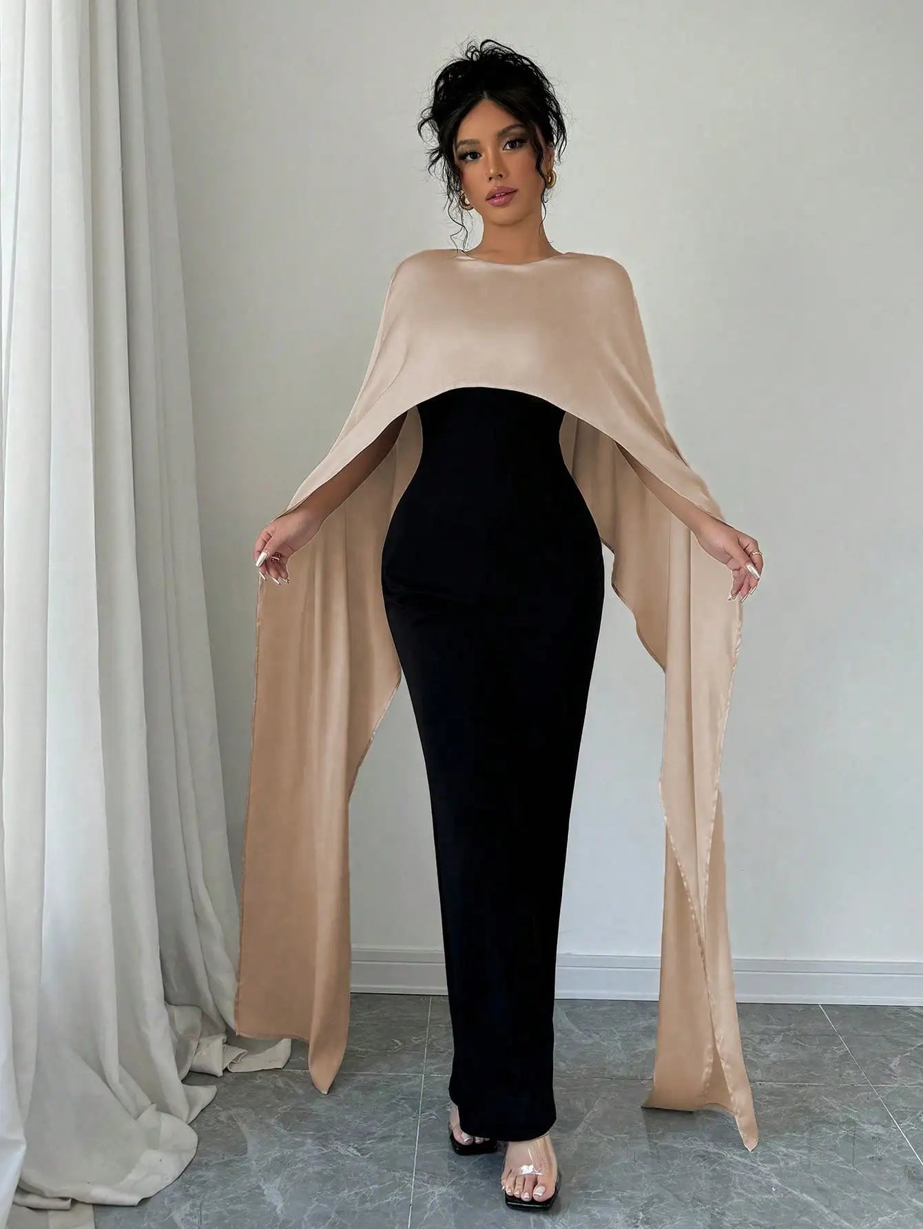 Elegant Womens Autumn Winter Jumpsuit with Fake Two Capes Patchwork Design Round Neck and Back Split