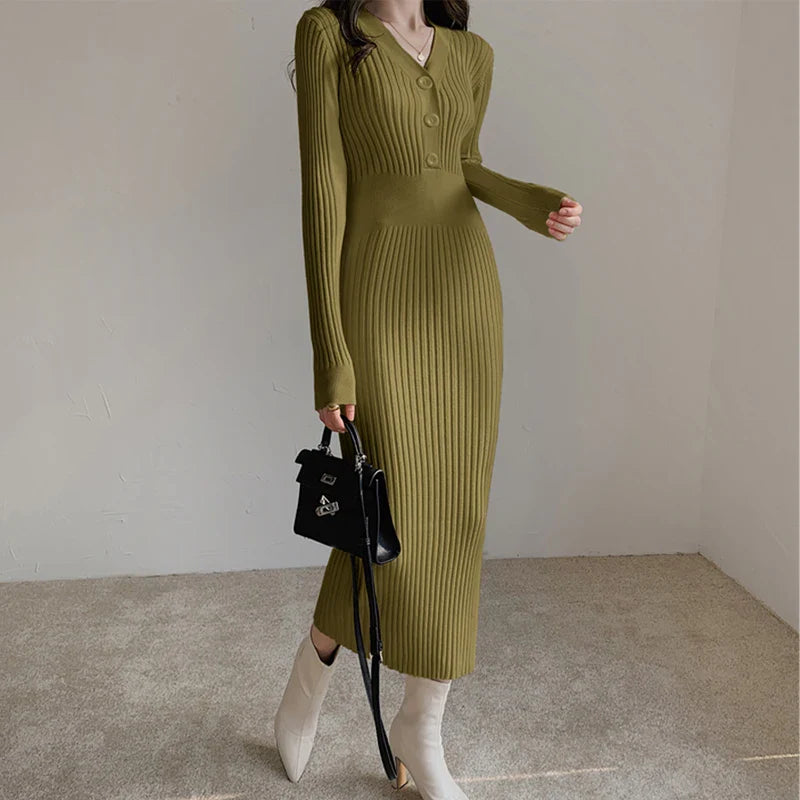 Knit Sweater Dress For Women V Neck Maxi With Buttons