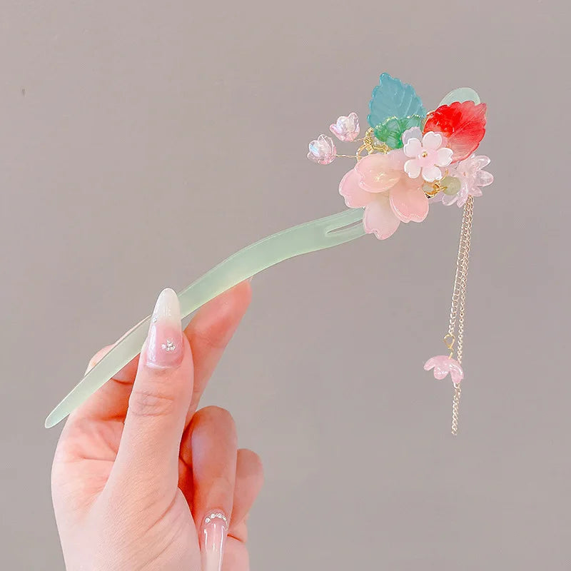 Elegant Enameled Flower Tassel Hair Clip Alloy Hairpin for Women Stylish Chinese Hair Accessory
