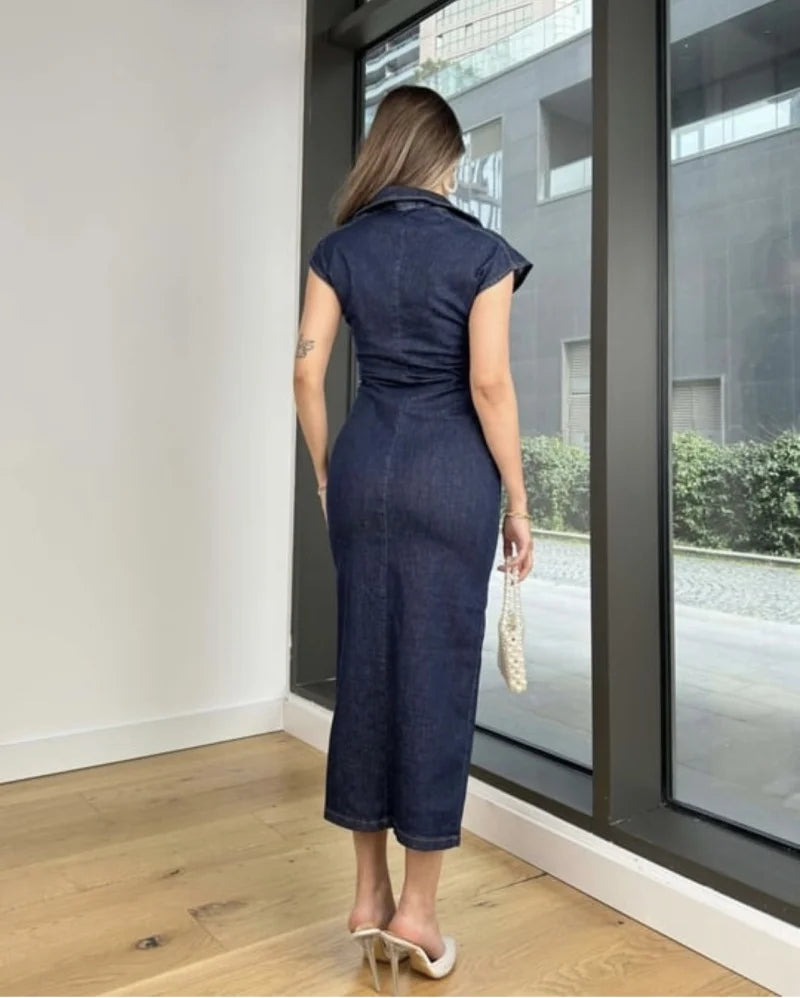 Fitted Denim Midi Shirt Dress With V Neck Long Sleeve