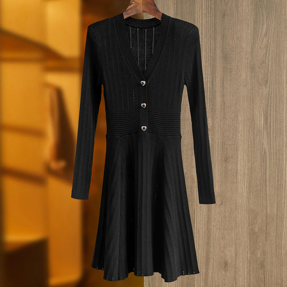 Knitted Long Sleeve V Neck Button Party Dress for Autumn