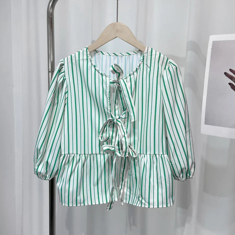 Elegant Women Striped Bow Tie Lace Up Blouse Round Neck Short Sleeve Puff Sleeve Loose Fit Vintage Chic Top for Spring and Summer
